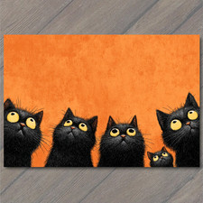 POSTCARD Five Cats Staring Funny Whimsical Feline Orange Backdrop picture