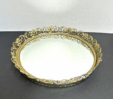Ornate Metal Filigree Round Mirrored Glass Vanity Tray, 10 in picture