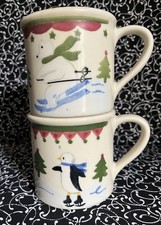 2 VTG HARTSTONE Pottery X-MAS Hand Painted Stoneware Mugs Polar Bear & Penguin picture