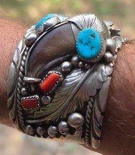 EX HEAVY Navajo Signed ES BIG Sterling Turquoise Coral Cuff Bracelet Watch Band picture