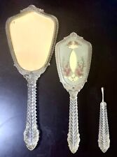 Vintage Clear Lucite Pink Floral & Blue Vanity Set-Mirror/Brush/Cuticle Pusher picture