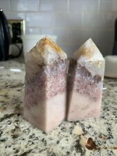 2-Pink Amethyst Flower Agate Twin Sister Tower Crystal Quartz Healing Mineral. picture
