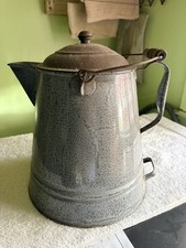 Huge Vintage Enamelware Cowboy Coffee Pot Bale Handle Lid 2 Gallon 13.5” picture