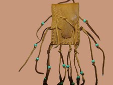 Deerskin Leather Medicine Bag Teal Beads Fringe Necklace Pouch 4.5