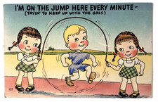 Vtg Linen PC Greeting Card with Quote and Children Playing Jumping Rope Comic picture
