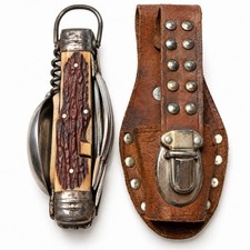 Vintage Boy Scout Style Camping Knife HOBO 11 Multi Tool Leather Sheath Japan picture