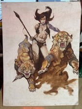 Vintage Pulp Fantasy Sorcery Pin Up Warrior Riding Saber toothed Tiger Art Paint picture