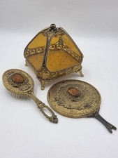 Antique Ornate Gilt Ormolu Vanity Set Amber Glass Jewelry Casket Mirror Brush picture