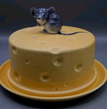 Vintage Lefton Covered Cheese Dish W/Gray Mouse Handle H014 ORIG LEFTON STICKER picture