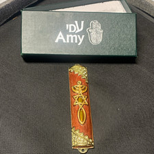 Amy Judaica Mezuzah Case in Box Star of David & Menorah Design picture