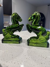 Vintage L.E. Smith Glass Company Emerald Green Rearing Horse Bookends picture