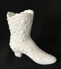 FENTON White Milk Glass Daisy & Buttons Figurine Boot Shoe Vase picture