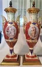 Ant. Pair French Sevres Style Urns/ Lamps; VGC+; 1900-ish; Heavy 24K Gold Gilded picture