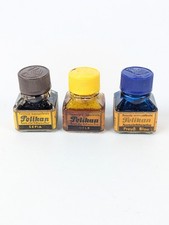 Antique Pelikan Fountain Pen Ink 3 Bottles Sepia Prussian Blue Yellow 1930s RARE picture