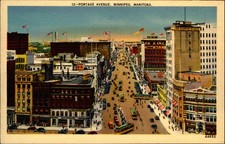 Portage Avenue ~ Winnipeg Manitoba Canada ~ 1940s linen ~ aerial tram businesses picture
