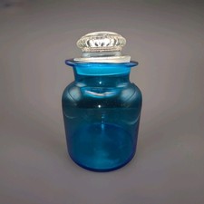 1930s AQUA BLUE Glass Jar Pot With CLEAR Unique Lid Retro Kitchen Decorative picture