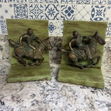 Pair c.1930s Art Deco Polo Player Heavy Cast Metal Gilt Bookends – Verdigris picture