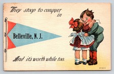 Vintage Comic Postcard Belleville NJ Boy & Girl Kissing Pennant Paterson 1914 picture