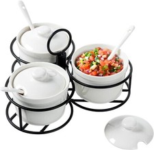 White Ceramic and Black Metal Ramekin Condiment Dip Bowl w/ Lids and Spoons picture