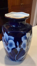 Vintage Fukagawa-Styled Vase Cobalt Blue Floral with Gold Trim Painted 7