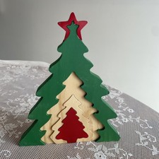 Vintage Handcrafted Wood Nesting Christmas Trees Jigsaw Folk Art Rustic 8” H picture