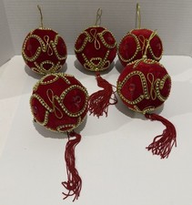 Vtg Handmade Red Christmas Ornaments Velvet Beaded Sequins Tassels Lot of 5 picture
