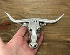 Vintage Long Horn Head Mount Rat Rod Hood Ornament Rare Pewter Collectible picture