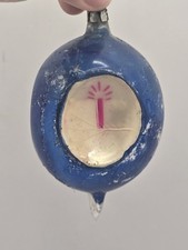 Vtg Blue Teardrop Triple Indent Painted Candle Poland Glass Christmas Ornament picture