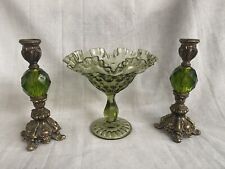 Vtg Fenton Green Glass Ruffled Rim Pedestal Candy & 2Green Prdedl Candle Holders picture