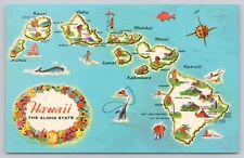 Hawaii State Pictoral Map, Landmarks & Attractions, Islands, Vintage Postcard picture