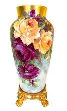 Antique Heinrich H&Co Selb Bavaria Cabbage Roses Vase with Gold Pedestal 16