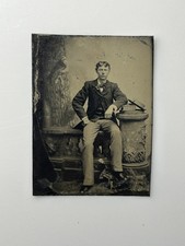 Antique 1800s Tintype Photo Young Victorian Man Seated Books Studio Portrait picture