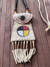 Alan Monroe Oglala Lakota Signed Leather Medicine Wheel Pouch Necklace picture