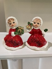 2-  VINTAGE #6854 LEFTON 1950'S CERAMIC GIRL SHOPPERS, RED DRESS, Wreath & Bells picture