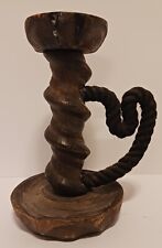 Antique OOAK Rustic Hand Carved Candle Holder With Rope Handle. picture