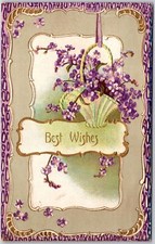 1911 Best Wishes Forget Me Nots In Vase Bordered Posted Postcard picture