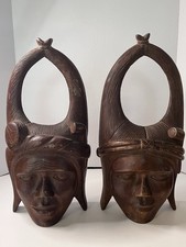 Vintage Pair of Hand Carved Sculpture Wood Carving Man And Woman Culture picture