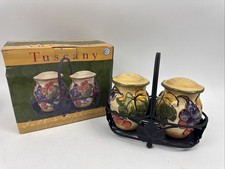 Vtg 3D Tuscany Raised Grapes Salt Pepper Shaker Set Ceramic w/Metal Holder Cert picture