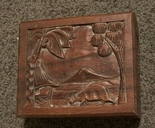 Vintage Hand Carved Wooden Trinket Box Red Felt Lining Asian Landscape Detail picture