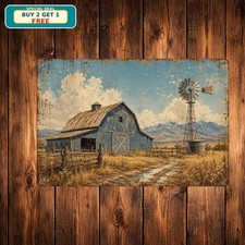 Country Barn Windmill Farmhouse Landscape Rural Art Vintage Metal Sign 8x12 picture