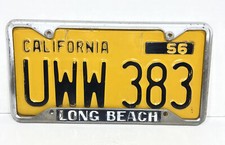 1956 CALIFORNIA LICENSE PLATE  RARE LONG BEACH METAL FRAME UWW383  Booster Plate picture
