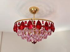 Antique Chandelier Hand Painted Pink And Red Crystal 3 Bulb French Empire Light picture