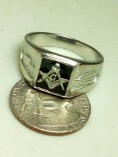 Freemason Silvertone Masonry Black Enamel Club Ring W/ Rhinestone TK316 Size 11 picture