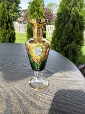 Bohemian Green Gold Hand Painted Raised Flower Art Glass Vase Ornate Vintage picture