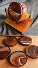 MCM Vintage Brazilian Agate Exotic Wood Framed 5x Coasters & Cradle Set 3.5
