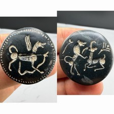 Ancient Black Stone Intaglio Roman Bead Double Sided Winged Creature Archer picture