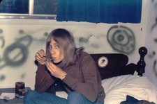 Skinny Hippie Man Lighting Pipe in Bedroom w/Graffiti on Wall: 1970's 35mm Slide picture