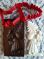 Springerle Speculaas Gingerbread Cookie Press Mold SANTA W FIR TREE, BAG &CUTTER picture