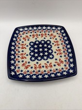 Kalich Polish Pottery Plate Boleslawiec Square 7” Blue Red Heart Bow Ties picture