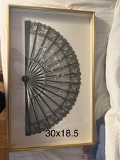 Vintage Black Lace Folding Fan Hand Painted Floral Framed Shadow Box 30x18.5 picture